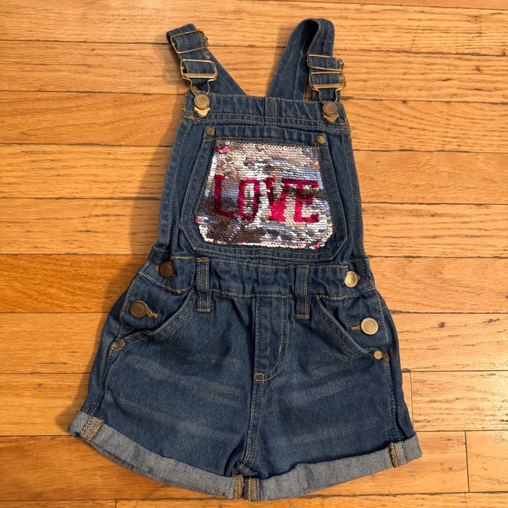 Chillipop Girls Denim Shortalls Blue Sequin Love Bib Overalls Size 4 Medium Wash